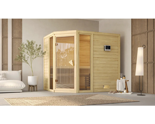 Massivholzsauna Karibu Tinai 3 ohne Ofen und Dachkranz mit bronzierter Ganzglastür Massivholzsauna Karibu Tinai 3 ohne Ofen und Dachkranz mit bronzierter Ganzglastür