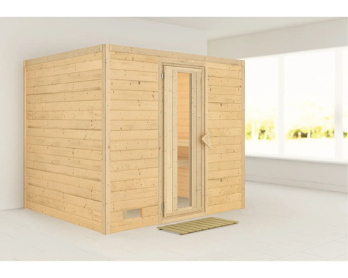 Sauna en bois massif Karibu Monara sans poêle ni couronne, avec porte en bois et verre isolé thermiquement