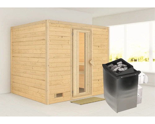 Sauna en bois massif Karibu Monara, avec poêle 9 kW et commande intégrée, avec porte en bois et verre isolé thermiquement