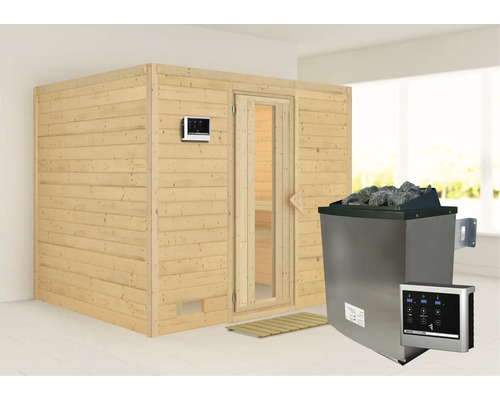 Sauna en bois massif Karibu Monara avec poêle 9 kW et commande externe, porte en bois et verre isolé thermiquement