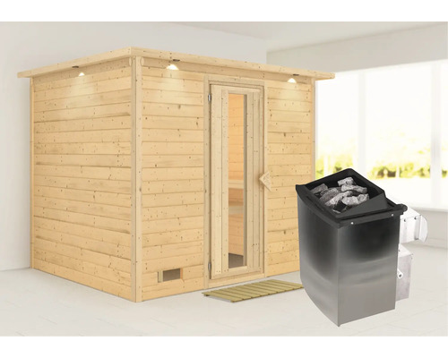 Sauna en bois massif Karibu Coral avec poêle 9 kW et commande intégrée, couronne et porte en bois et verre isolant thermique