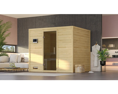 Sauna en bois massif Karibu Monara avec poêle 9 kW et commande intégrée, porte entièrement vitrée coloris graphite