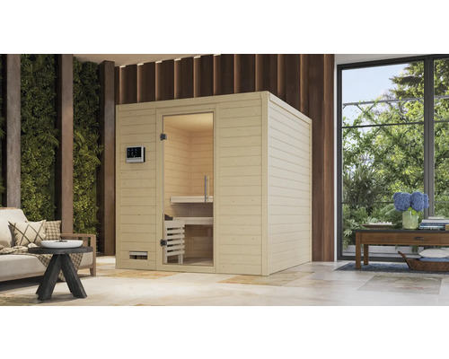 Freistehende Sauna mit Glastür und Bedienfeld in einem hellen Raum