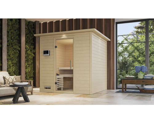 Sauna en bois massif Karibu Wojave avec poêle 9 kW et commande externe, avec couronne et porte entièrement vitrée en verre transparent Vue intérieure d'un sauna en bois avec porte en verre et panneau de commande numérique