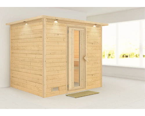 Sauna en bois massif Karibu Coral sans poêle avec couronne de toit et porte en bois avec verre isolant thermo-isolé