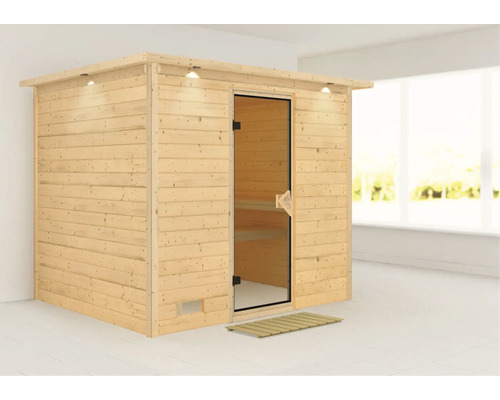 Sauna en bois massif Karibu Coral sans poêle avec couronne de toit et porte tout en verre bronzé