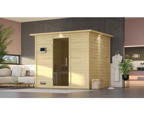 Sauna en bois massif Karibu Coral sans poêle avec couronne de toit et porte tout verre en couleur graphite