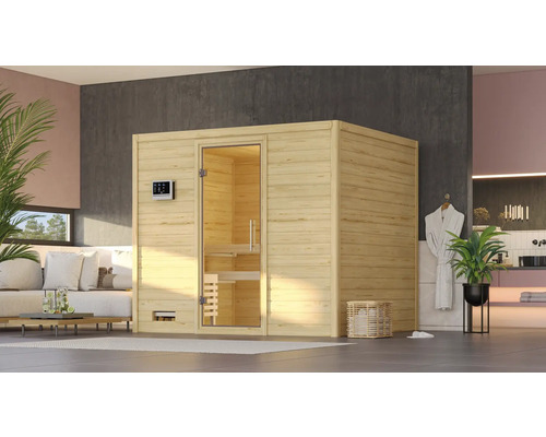 Sauna en bois massif Karibu Monara sans poêle avec couronne de toit avec porte tout en verre en verre transparent