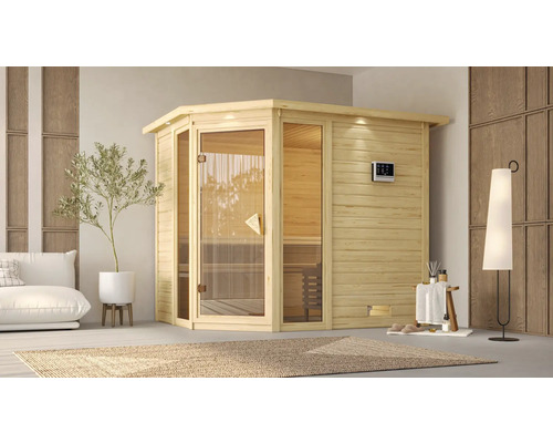 Intérieur avec sauna en bois et éléments en verre