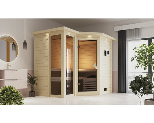 Sauna modulaire Karibu Limonit sans poêle avec couronne de toit et porte tout en verre bronzé Sauna d''angle en bois avec éléments en verre dans une salle de bain lumineuse.
