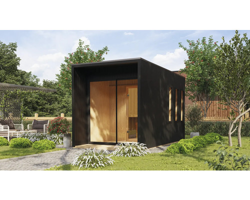 Chalet sauna Karibu Miramor avec poêle 9 kW et commande externe avec auvent et porte en bois avec verre à isolation thermique noir