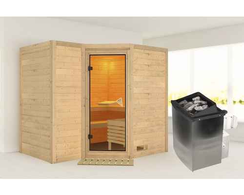 Sauna modulaire Karibu Melanit 2 avec 9 kW sans couronne de toit avec porte tout en verre bronzé