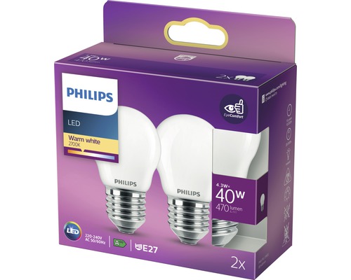 Verpackung mit zwei Philips LED-Lampen, E27 Sockel, warmweißes Licht