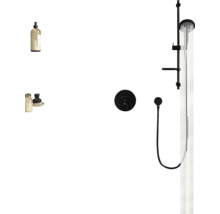 Douche avec pomme de tête, douchette à main et robinet thermostatique dans une salle de bain moderne
