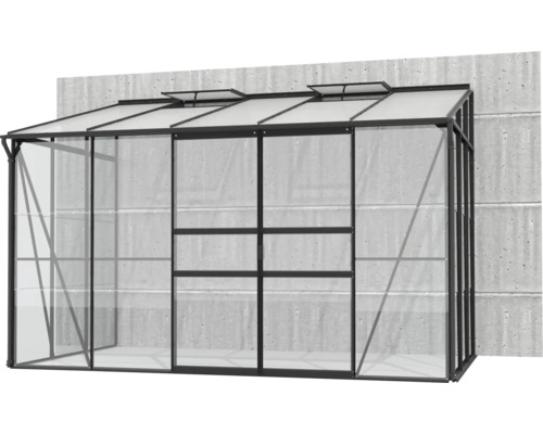 Serre avec parois transparentes et fenêtres de toit