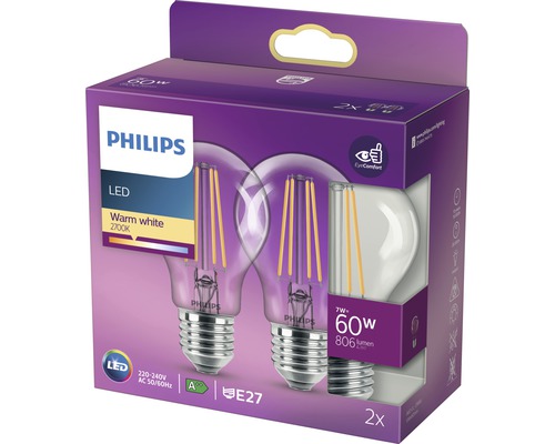 Philips LED-Lampe, warmweiss, 2700 Kelvin, E27 Fassung, 2er-Pack