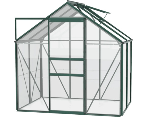 Gewächshaus mit geöffneter Tür und Dachfenster