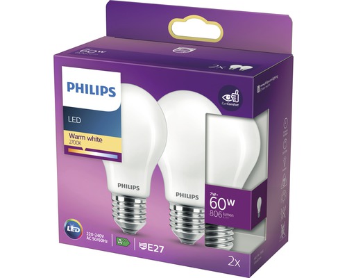 Lampe LED Philips, blanc chaud, 2700 Kelvin, E27, pack de deux