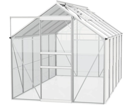 Gewächshaus mit geöffneter Tür und Dachfenster