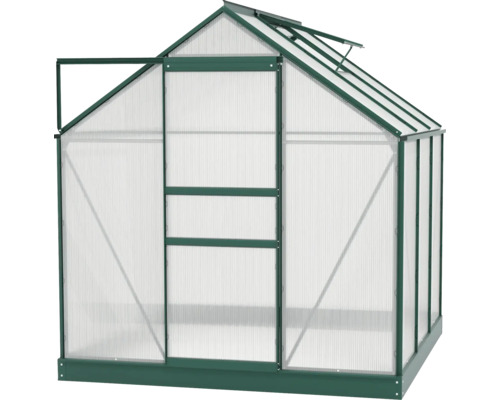 Gewächshaus mit geöffneter Tür und Dachfenster