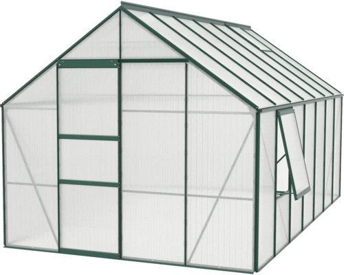 Serre avec fenêtre et porte ouvertes.