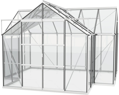 Serre avec parois en verre et cadre en aluminium