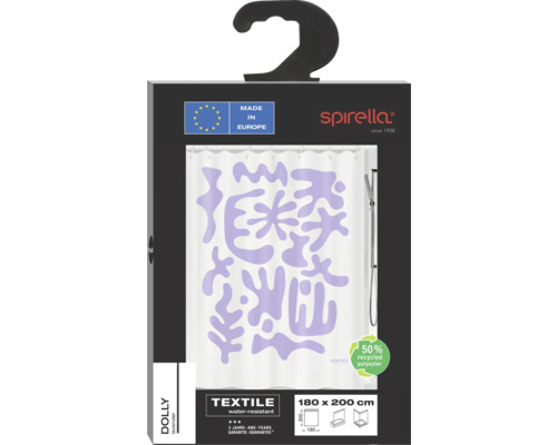 Rideau de douche Spirella Dolly lavande, textile, hydrofuge, 180 x 200 cm, fabriqué en Europe