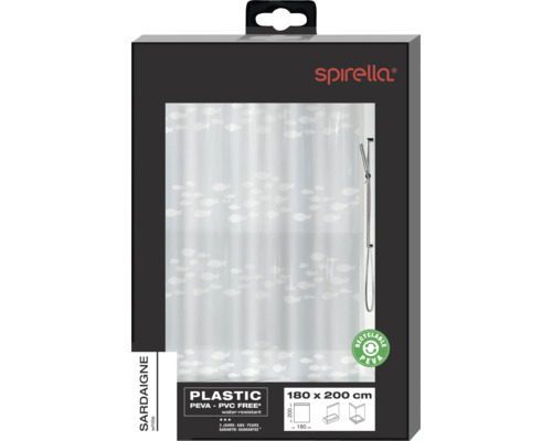 Emballage d''un rideau de douche Spirella blanc avec motif de poissons, dimensions 180 x 200 cm