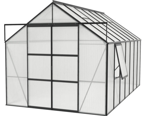 Gewächshaus mit geöffneter Tür und Fenster