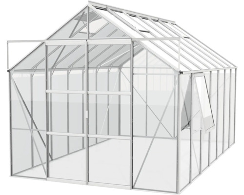 Serre avec cadre en aluminium et porte ouverte