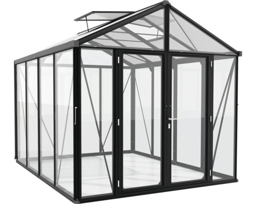 Serre avec façade en verre et cadre noir