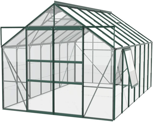 Gewächshaus mit geöffneter Tür und Fenster zur Pflanzenzucht