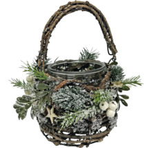 Panier photophore décoratif avec anse, branches de sapin et baies pour une ambiance de Noël