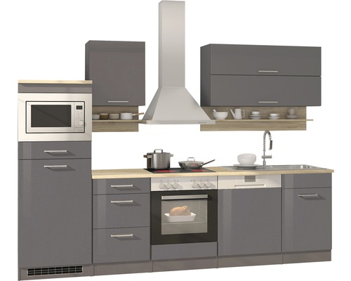 Cuisine complète avec évier, lave-vaisselle, cuisinière, hotte aspirante, micro-ondes et placards hauts