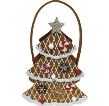 Sac sapin de Noël en pain d’épices avec étoile, sucre d’orge et bonhomme en pain d’épices