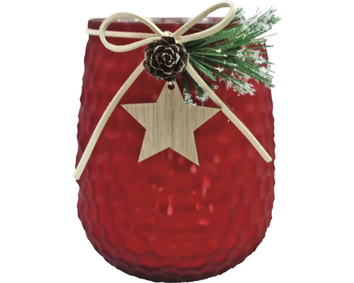Verre décoratif avec pomme de pin, étoile en bois et sapin artificiel comme décoration