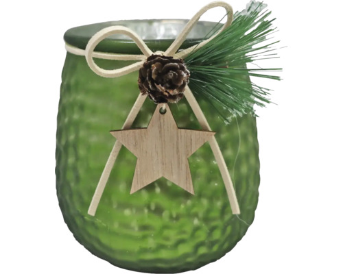 Windlicht Glas Ø 10 H 11 cm grün Dekoratives Windlicht mit Tannenzapfen und Holzstern