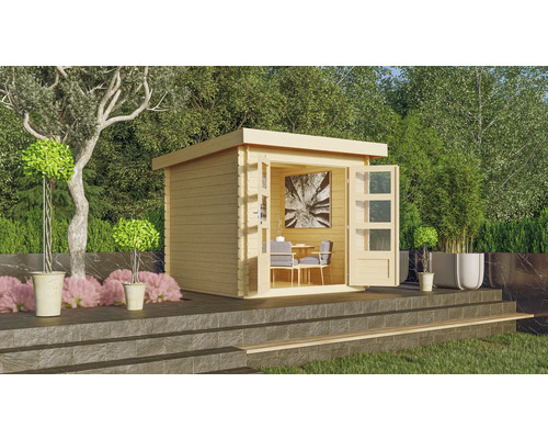 Abri de jardin en bois avec double porte et intérieur dans le jardin