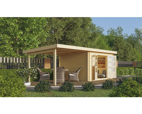 Holzgartenhaus mit überdachter Terrasse, Gartenmöbeln und Doppeltür in einem Garten.