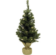 Petit sapin de Noël artificiel avec éclairage dans un sac de jute