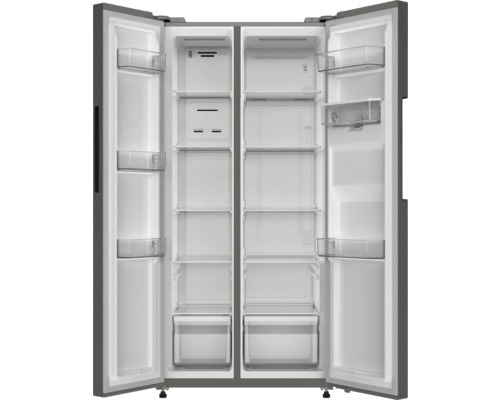 Geöffneter Side-by-Side Kühlschrank mit Regalen und Schubladen