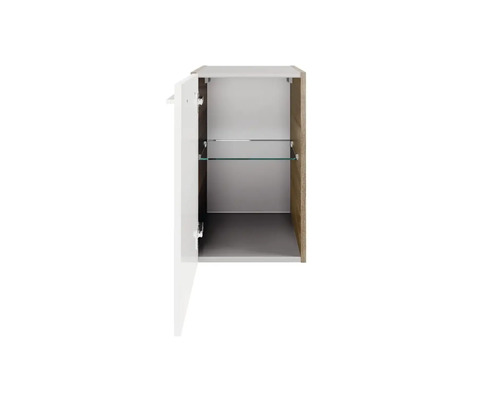 Offener Badezimmerschrank mit Glasregal