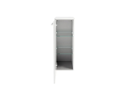 Armoire de toilette ouverte avec trois étagères en verre pour ranger les articles de toilette.