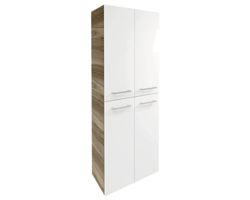 Armoire haute avec quatre portes et décor bois sur le côté