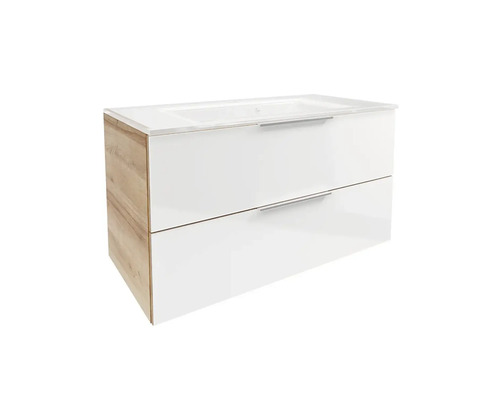 Meuble sous-lavabo avec deux tiroirs et structure en bois sur les côtés