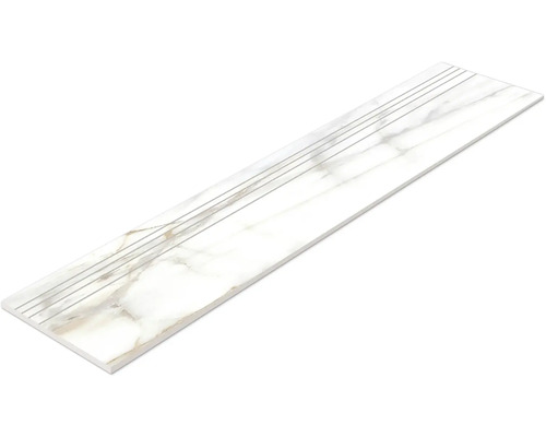 Weiße Treppenfliese mit Marmorstruktur und Rillen