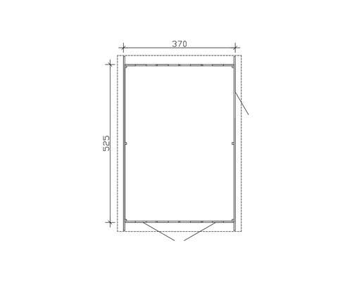 Dessin technique d''une vue d''ensemble d''une remise à outils avec des dimensions de 370 x 525 cm