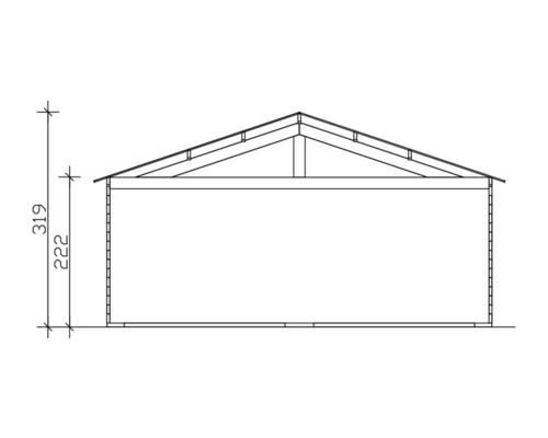 Abbildung einer Gartenhauselevation mit Abmessungen