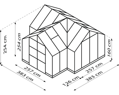 Dimensions de la serre: 383 x 257 x 254 cm et 383 x 126 x 160 cm