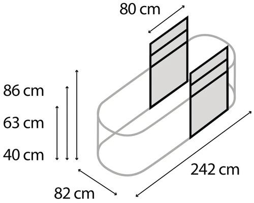 Illustration avec les dimensions d''un lit d''une longueur de 242 cm, d''une largeur de 82 cm et d''une hauteur de 86 cm.